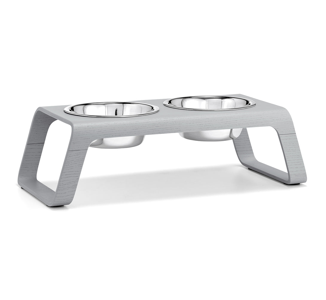 Modern Luxury Natural Desco Dog Feeder - Grey Wood - Stainless Steel Bowls by MiaCara