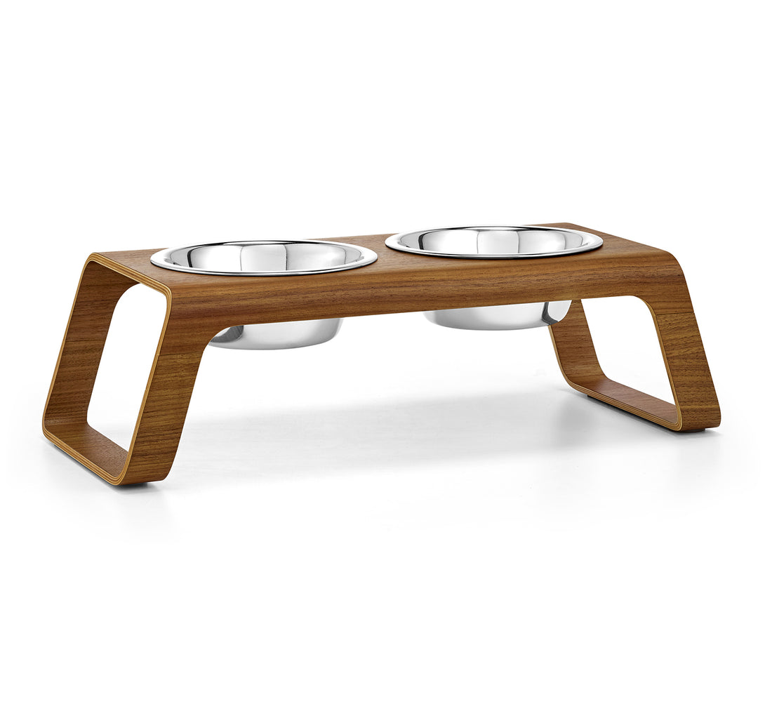 Modern Luxury Natural Desco Dog Feeder - Walnut Wood - Stainless Steel Bowls by MiaCara