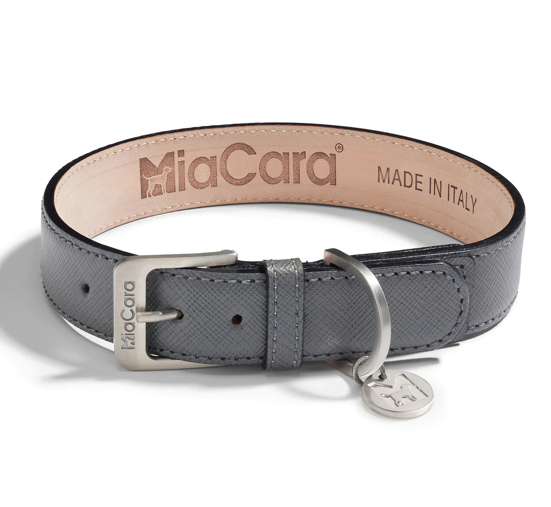 MiaCara Luxury Leather Dog Collar Slate Grey