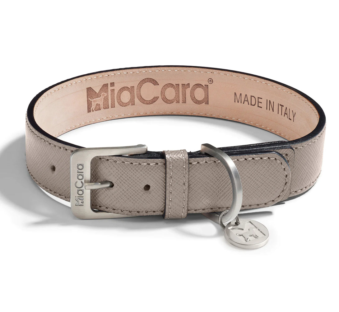 MiaCara Luxury Leather Dog Collar Taupe